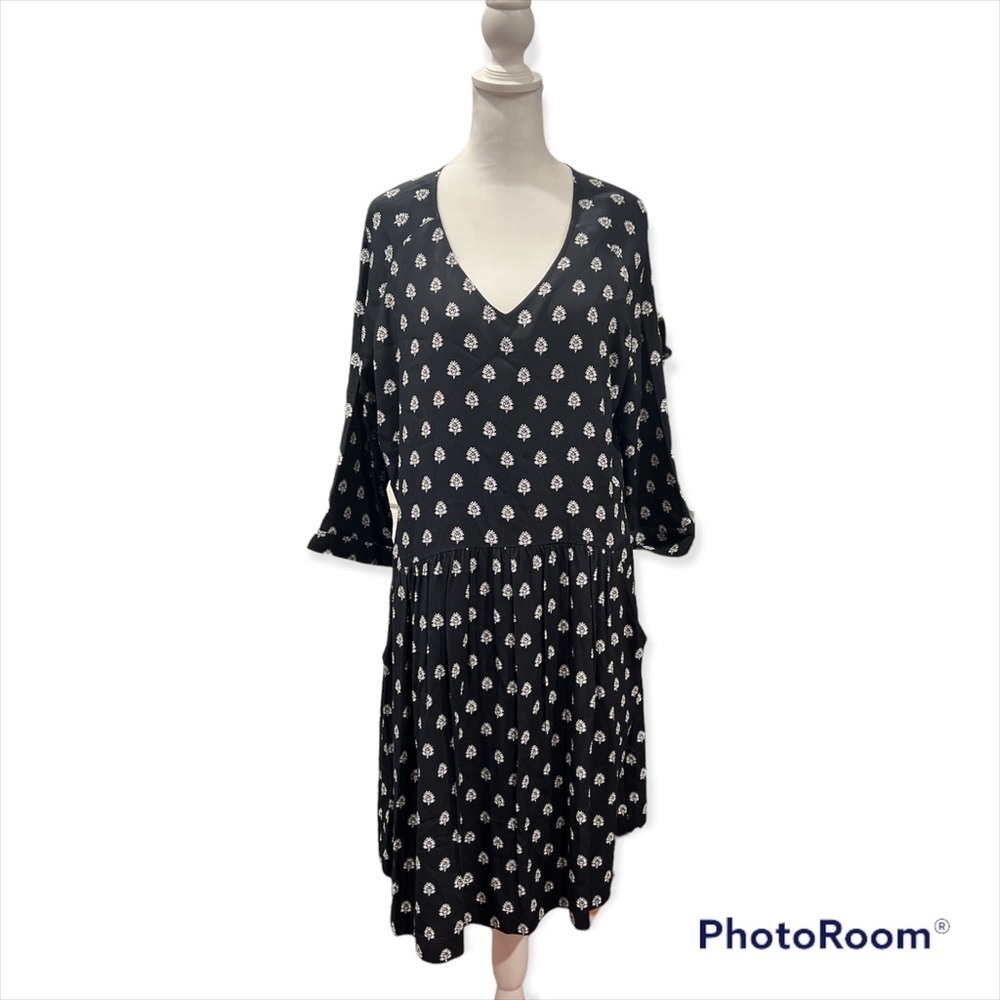 Garnet Hill‎ Black White Long Sleeve Flowing Dress With Pockets Size 14